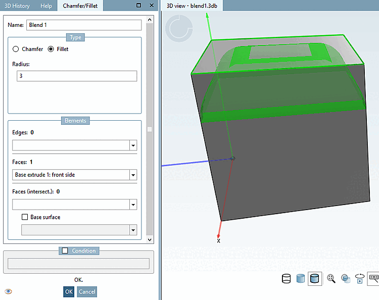 Dialogfenster Fase/Rundung [Chamfer/Fillet]: Hier beispielhaft mit Option "Rundung [Fillet]" und Radius = 2