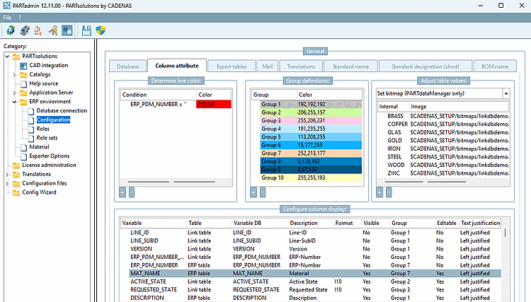 PARTadmin -> Category "ERP-Umgebung [ERP environment]" -> Konfiguration [Configuration] (hier beispielhaft geöffnet mit Registerseite "Spalteneinstellungen [Column attribute]")