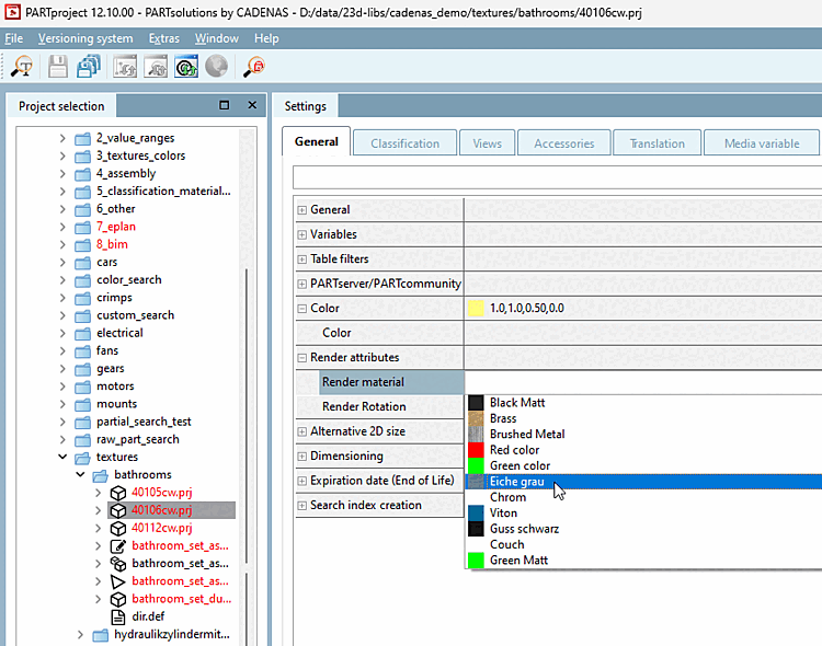 Listenauswahl des Render Materials
