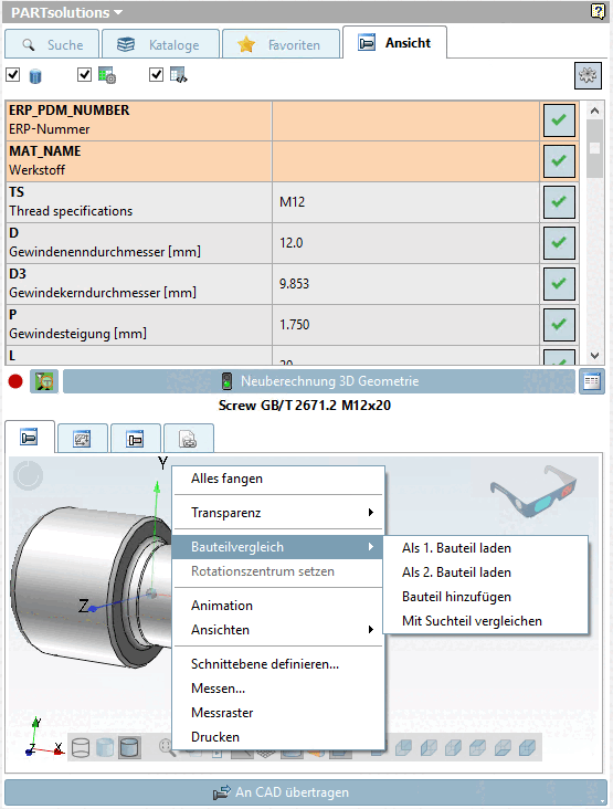 Bauteilvergleich [Part comparison] eingeblendet