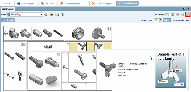 Auf unterster Ebene können Sie per Mouseover auch in der "Partiton Map" wie gewohnt die 3D-Ansicht [3D view] aufrufen und per Kontextmenübefehl u.a. das Teil in der Teileansicht [Part view] öffnen.