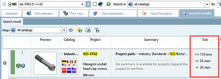 Hier wurden beispielhaft unter Topologiewerte [Topology values] -> Größe [Size] die Optionen Ausdehnung in x-Richtung [Dimension in direction of x-axis], Ausdehnung in y-Richtung [Dimension in direction of y-axis] und Ausdehnung in z-Richtung [Dimension in direction of z-axis] aktiviert.