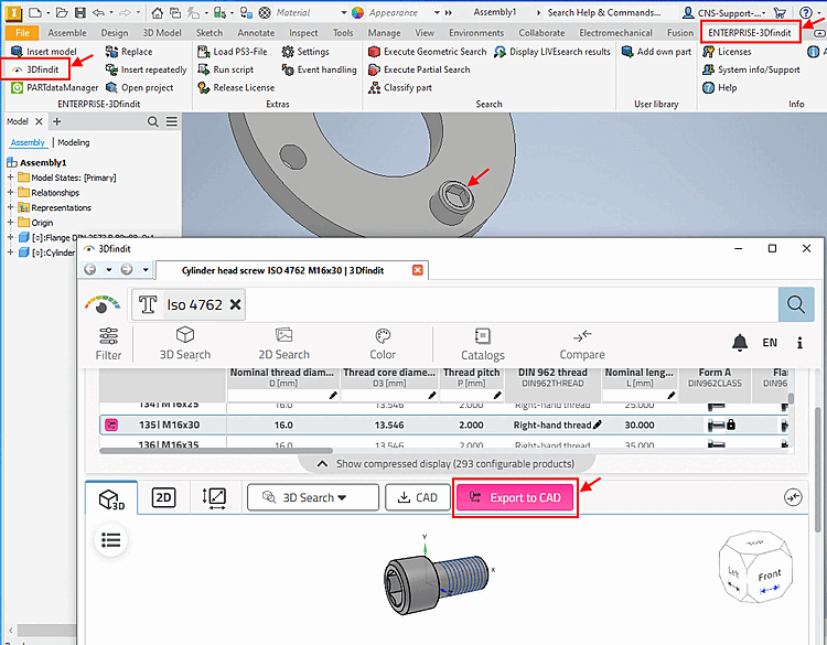 3Dfindit via Menüpunkt "ENTERPRISE-3Dfindit" -> Unterpunkt "3Dfindit" aufrufen und Teil ins CAD exportieren
