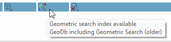 Beispiel: "Index für geometrische Suche vorhanden" (alter GeoIndex) und "GeoDb" vorhanden (neuer GeoIndex), aber veraltet