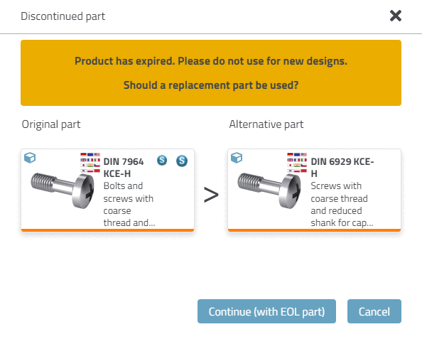 3Dfindit: Dialogfenster "Abgelöstes Teil [Discontinued part]"