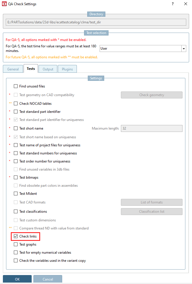 Dialogfenster "QA Check Einstellungen [QA Check Settings]"
