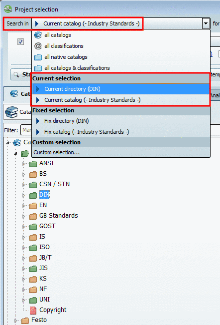 In this exemplary figure the catalog displayed under Search in would not be changed when changing from DIN to ISO in the index tree.