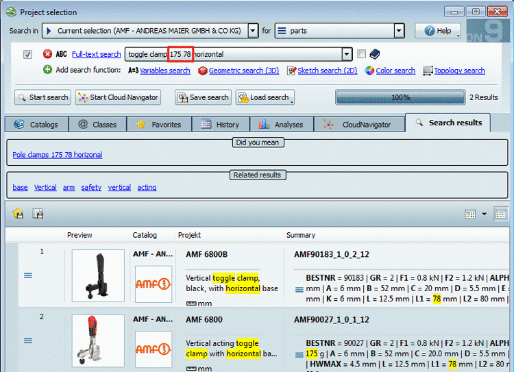 Search parameters highlighted