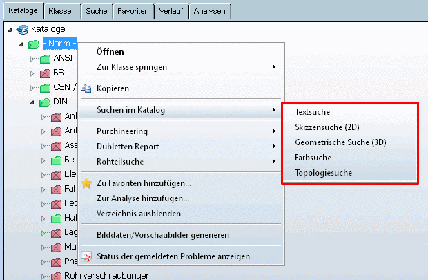 Call up complex search via context menu