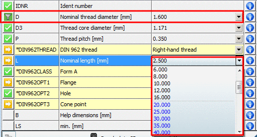 Example: D has been set to the value 1.6. Thereby at L values greater than 20 are not possible anymore. These now are displayed in blue font color.