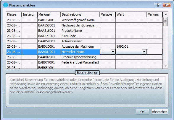 Class variables dialog window