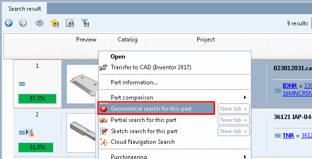 Example: Geometrical search for this part