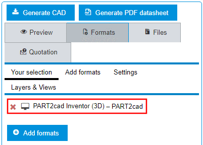 Example: Selection of "PART2cad Inventor (3D)"