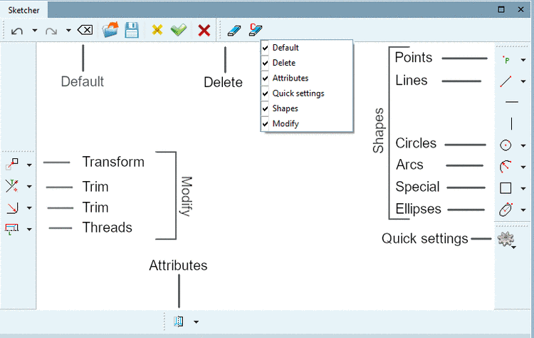 Depiction of the functions with setting option "Group tools" activated