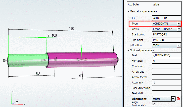 Example: Horizontal dimensioning 3D