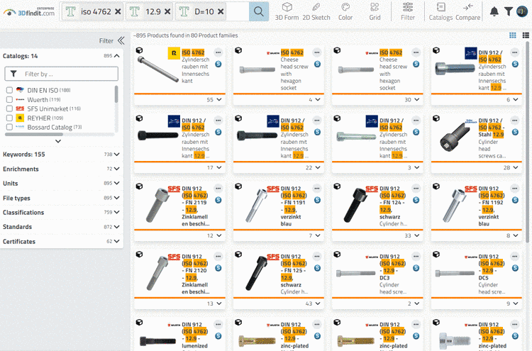 Example: First "iso 4762", then "12.9" (Festigkeit), then "L=100" (length)