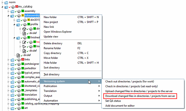 Download changed files in directories / projects from server