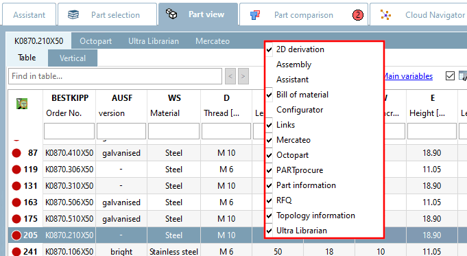 Parts view [Part view]: Show and hide dockings