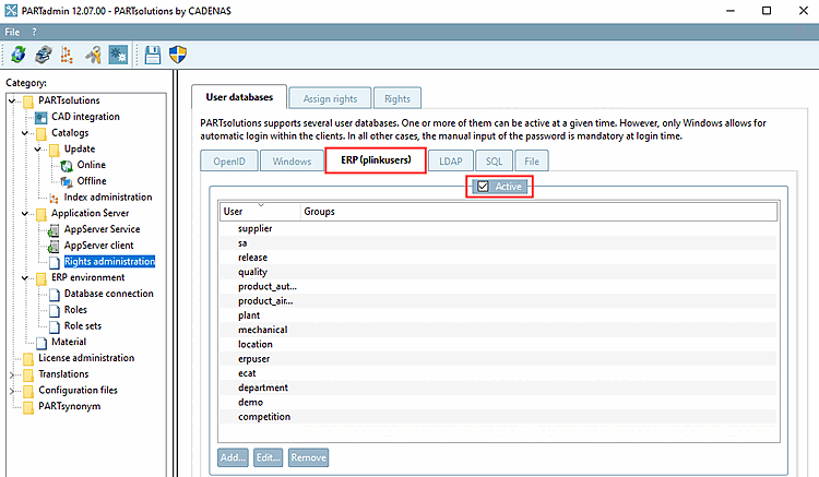 Rights management [Rights administration] category -> "User databases [User databases] " tab page -> "ERP (plinkusers) [ERP (plinkusers)] " tab page