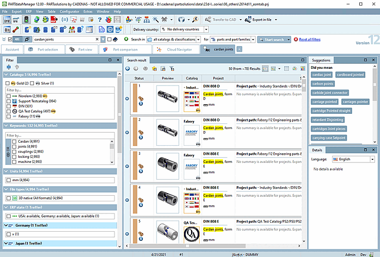 PARTdataManager with tabbed page for "Search results"