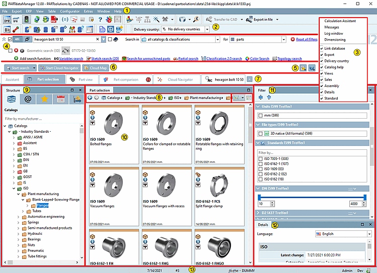 Parts selection [Part selection]: Start interface PARTdataManager