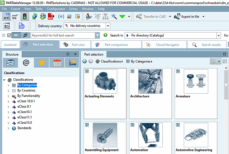 PARTdataManager: The category "Classifications [Classifications] " is selected here as an alternative to "Catalogs [Catalogs] ".