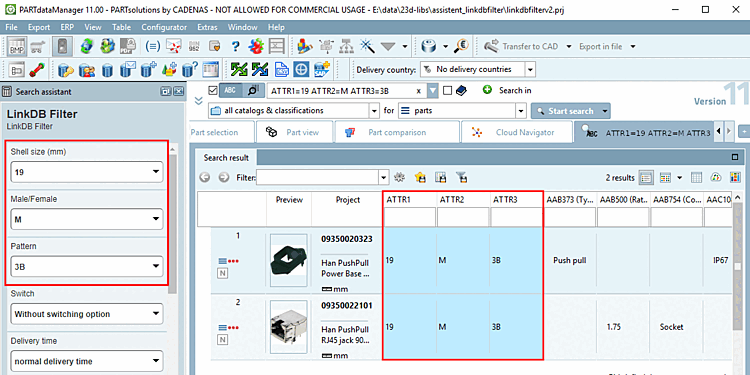 The assistant fields "Shell size", "Male/Female", "Pattern" are mapped on the LinkDB columns "ATTR1", "ATTR2", "ATTR3".