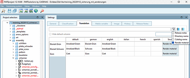 View the translations of render materials in the catalog
