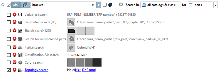 In this exemplary illustration, all search methods have already been used once and are therefore listed. The full text search [Full-text search] and the topology search [Topology search] are activated and will be used during the next search run.