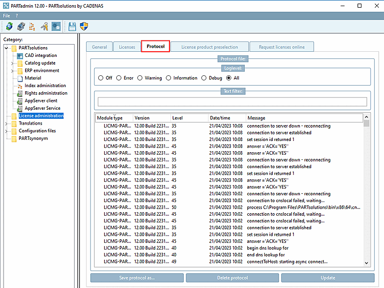 Protocol " tab page