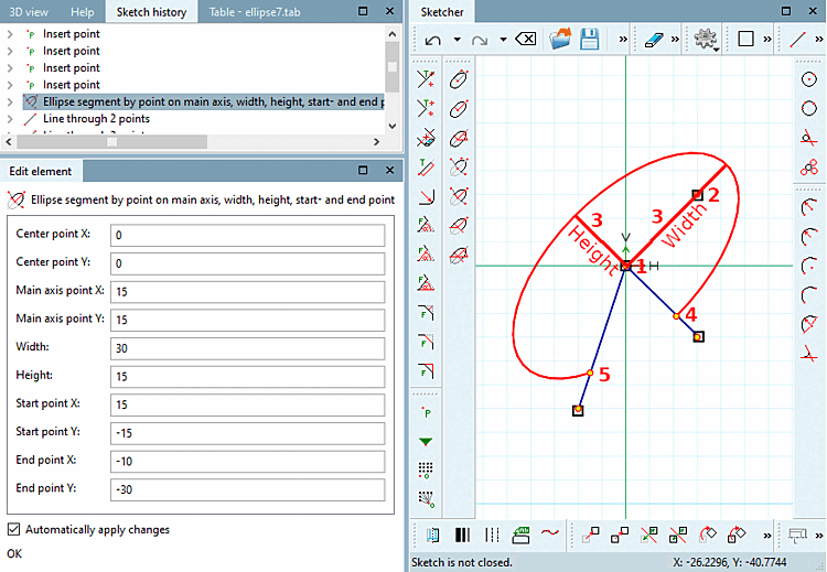 Specification of the ellipse's dimensions via width and hight statement