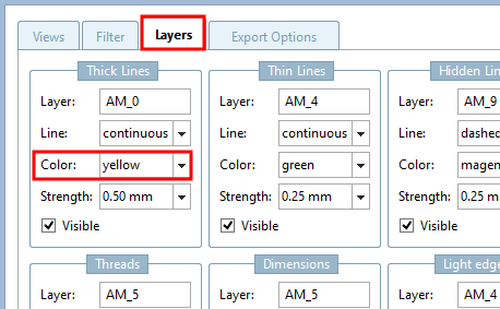 Example: "Thick lines" are mapped to layer "AM_0" and are stored in the dgn file in yellow.