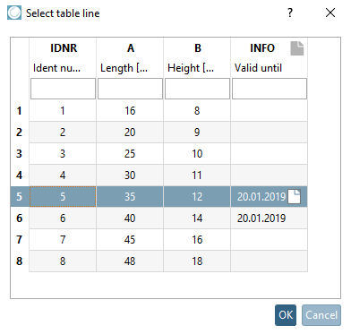 Select table row [Select table line] " dialog box