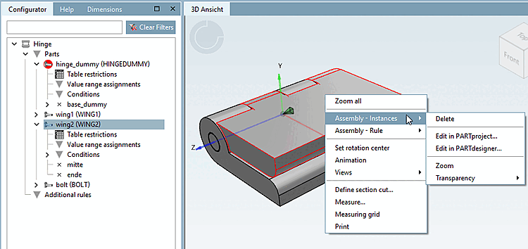 Individual part selected in assembly -> "Assembly - Structure [Assembly - Instances] " context menu command