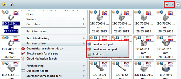Open part comparison in "Symbol" view via context menu