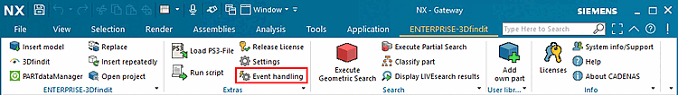 Event handling" button in the ENTERPRISE 3Dfindit menu