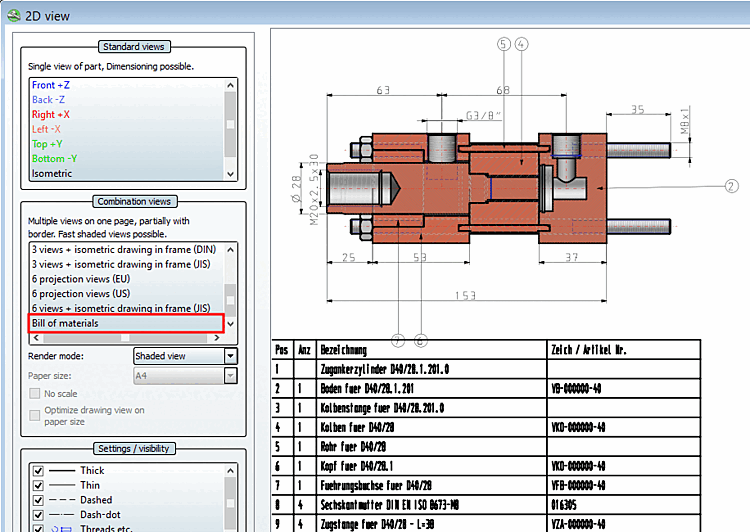 Combination view with item number in 2D view and parts list table