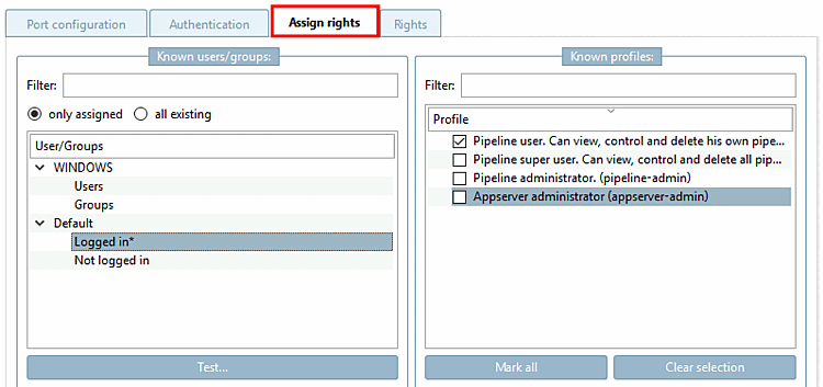 "Rights assignment [Assign rights] " tab page (only assigned [only assigned] )