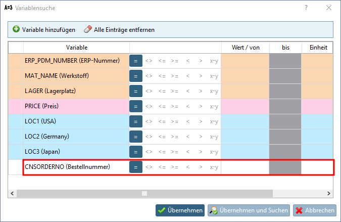 PARTdataManager variable search [Variables search] dialog box