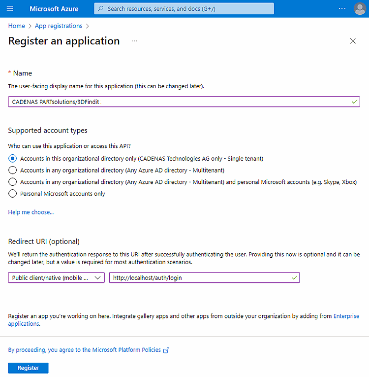 Microsoft Azure "Register an application"