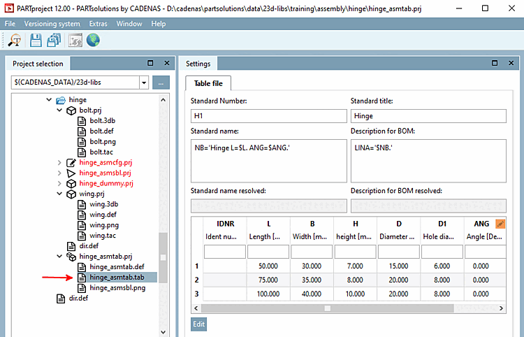 Assign standard name (here 'Hinge L=$L.Winkel=$ANG.')