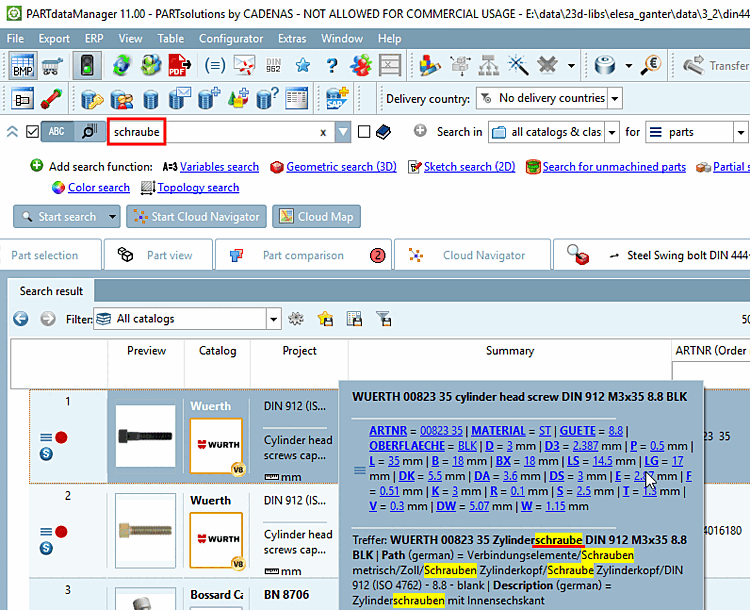 When searching for "schraube" in an English user interface, in the expanded view, you can see where the hit occurred.