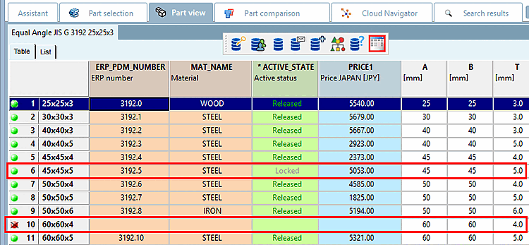 Preferred rows off, all rows are displayed: Row 6 and 10 do not meet the preferred rows condition and so are hidden when the function is activated.. See next figure.
