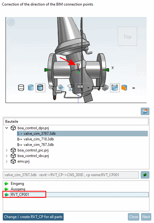 "Correction of the direction of the BIM connection points [Correction of the direction of the BIM connection points] " dialog box