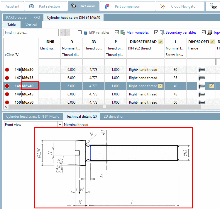 PARTdesigner with variable "VERS"- Example: DIN 84 M6x40