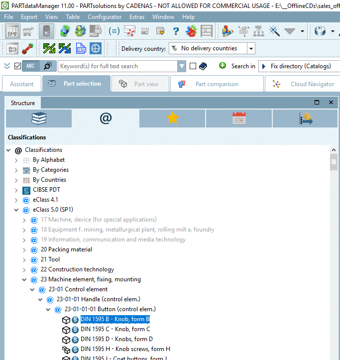 PARTdataManager: As an alternative to "Catalogs" here, the category "Classifications" is selected.