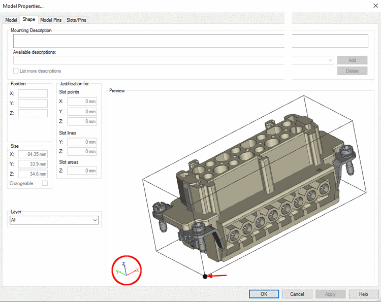 Model Properties - Correct orientation of axes and marked connection point