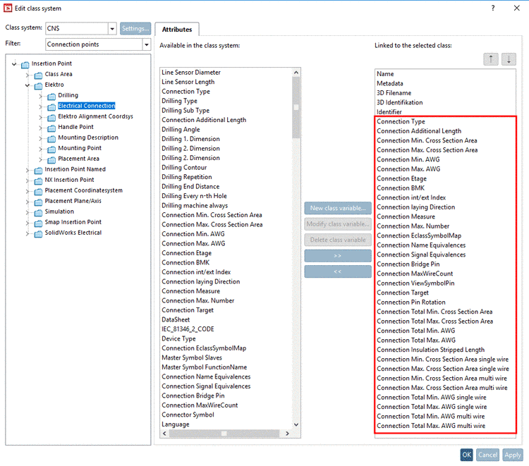 Class system CNS -> Filter Connection points -> Insertion Point -> Elektro -> Electrical Connection