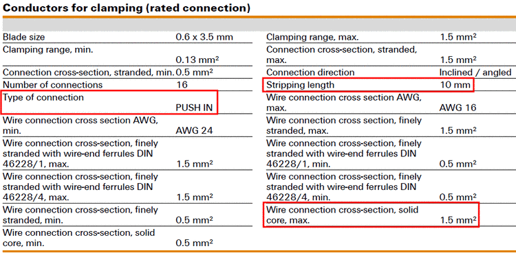 Weidmüller Terminal, Order-No. 1267910000 - Extract from data sheet: Conductors for clamping (rated connection)