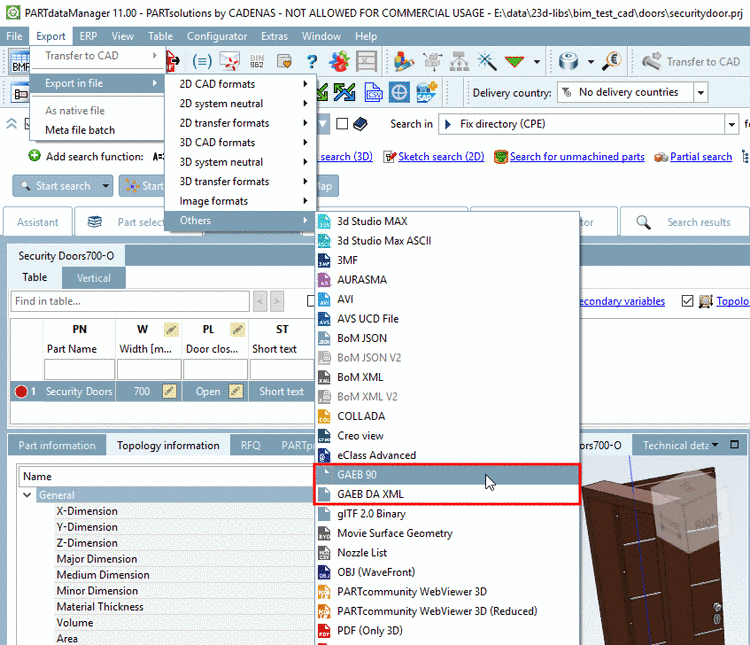 Export from PARTdataManager